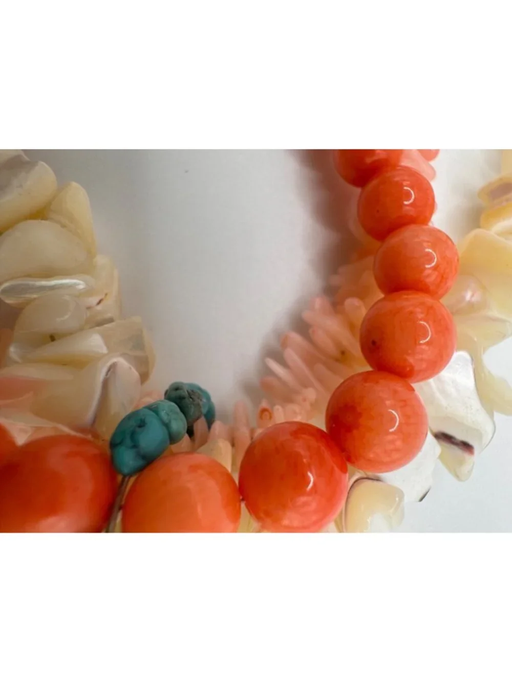 Vintage Coral Bead Multi Strand Necklace 925 Sterling MOP Shell Pendant Chunky - Picture 10 of 14